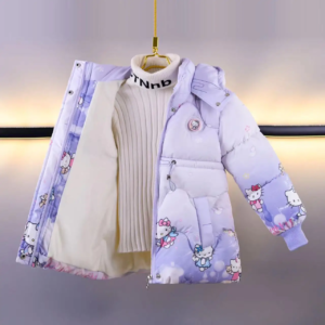 kawaii hello kitty kuromi children jacket anime fashion cute warm plush hooded thick down jacket with bag cartoon outdoor jacket