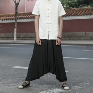 2025 vintage simple men's haren pants elastic waist chinese style casual bloomers trousers cross pants crotch pants men loose