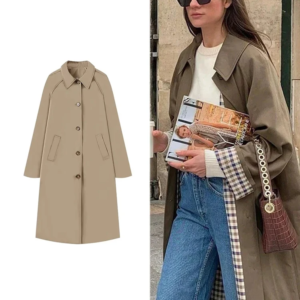 women fashion long trench coat autumn/winter lapel long sleeve single breasted coat loose solid color simple street jacket