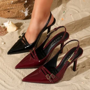 luxury patent leather burgundy women pumps sexy pointy toe strap buckle design elegant backless heels ladies party designer shoe