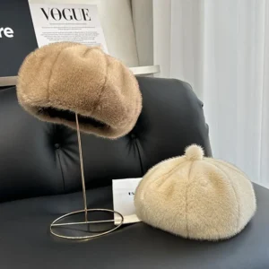 plush berets pumpkin beanie cap for women outdoor windproof octagonal cap soft fluffy painter hat imitation mink fur winter hat