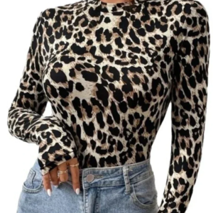 sexy tight women's bodysuits women's small stand collar long sleeve fashion leopard print tight girly style bodysuit top