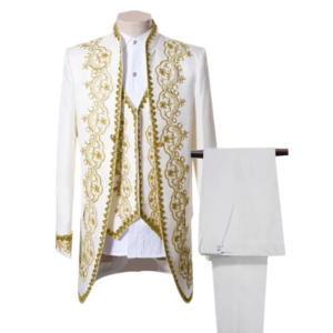 classic men luxurious embroidered suit 3 piece black / white fashion male court tuxedo blazers jacket and pants with vest