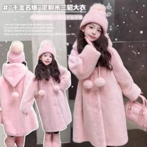 autumn winter 2025 new white faux fur children coats mid length coat fashion thick warm hooded jackets casual loose warm jacket