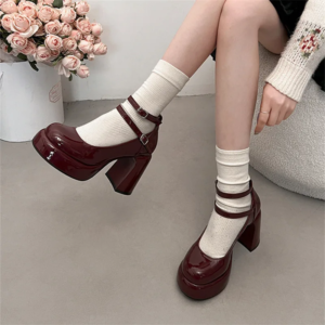 women's shoes burgundy high heels elegant chunky heel mary jane shoes anime style