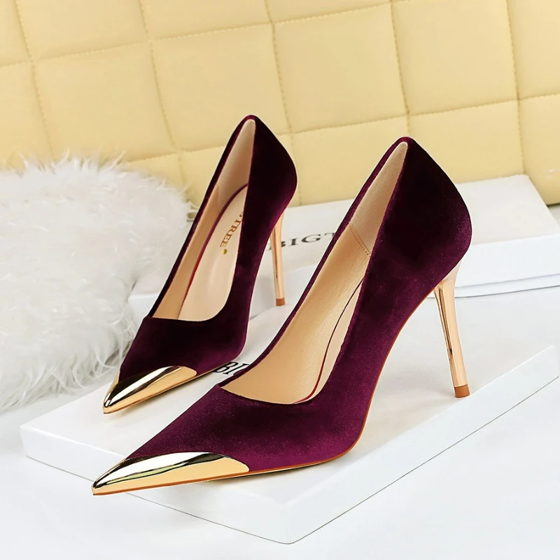 luxury women's high heels velvet pumps office single shoes green burgundy wedding stiletto heels metal pointed toe party shoes