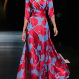 fashionable v neck three quarter sleeve dress for women spring autumn new elegant waisted floral printing casual dresses female