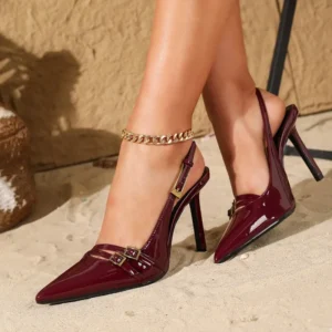 luxury patent leather burgundy women pumps sexy pointy toe strap buckle design elegant backless heels ladies party designer shoe