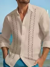 men's summer loose beige linen embroidered casual shirt