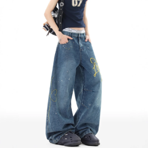 american splash ink embroidery jeans for men and women in winter design scimitar pants wide leg trousers boutique clothing