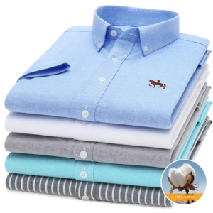 100% pure cotton oxford shirt for men’s short sleeve solid stripe leisure embroidered horse social business formal dress shirts